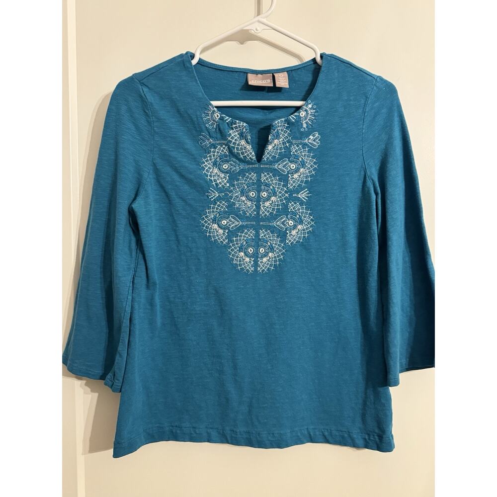 Chicos Top Womens Sz 0 Teal Blue Embroidered Sequin 3/4 Sleeve Tunic Boho